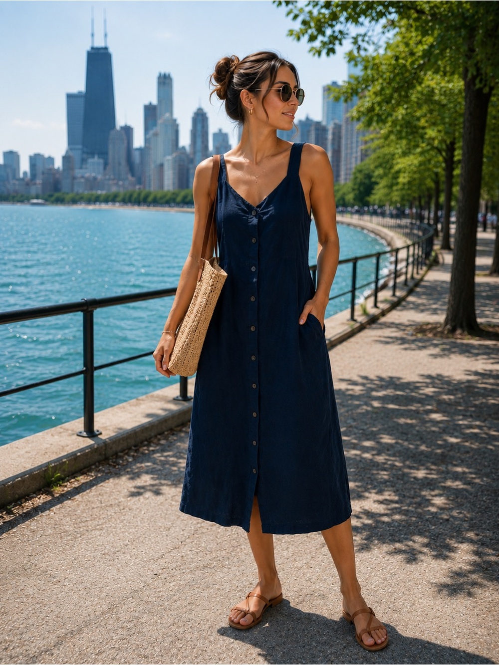 Lucky Brand Navy Button-Front Sleeveless Dress